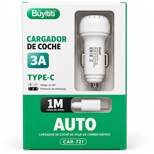 Cargador de auto con cable tipo c