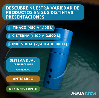 Sistema Dual Desinfectante y Antisarro para Tinaco AQUATECH | Cartucho 3 Meses
